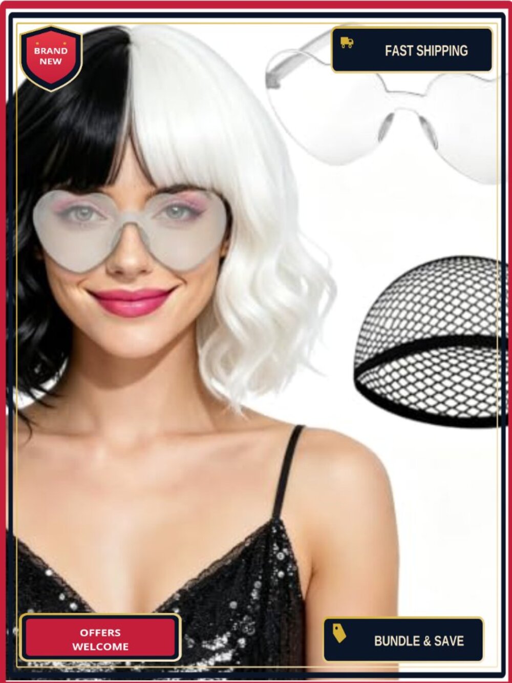 Curly Wavy Bob Wig Heart Sunglasses Set Costume Party